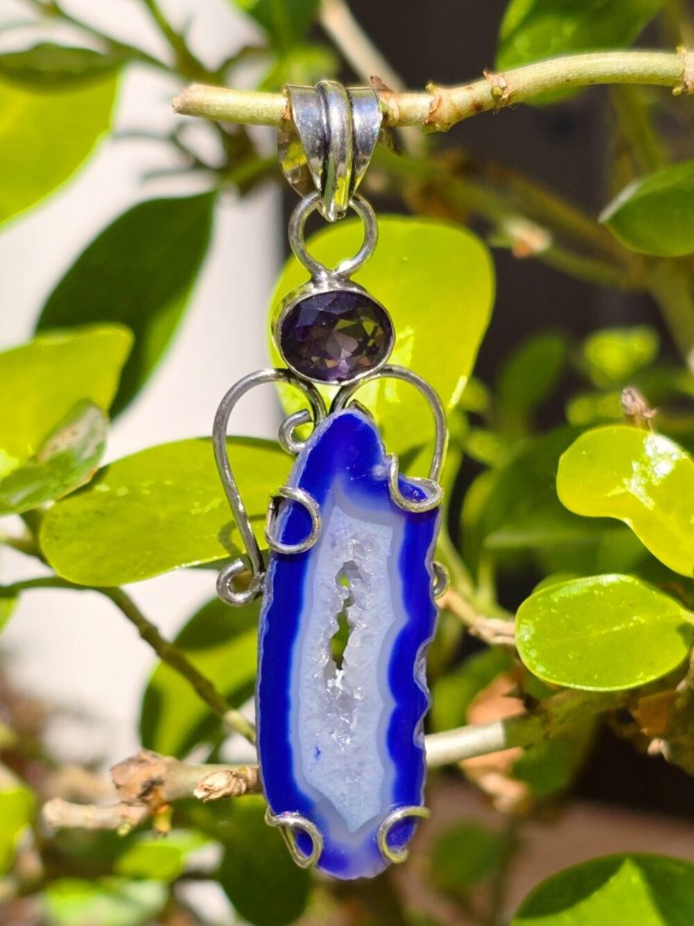 Hand Crafted ✦ Blue Agate Amethyst Sterling Silver Pendant ✦ Boho Natural Geode
